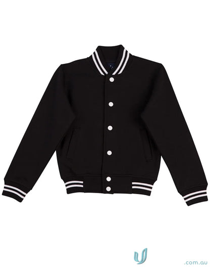 Kids fleece varsity jacket with black and white trim for style and comfort