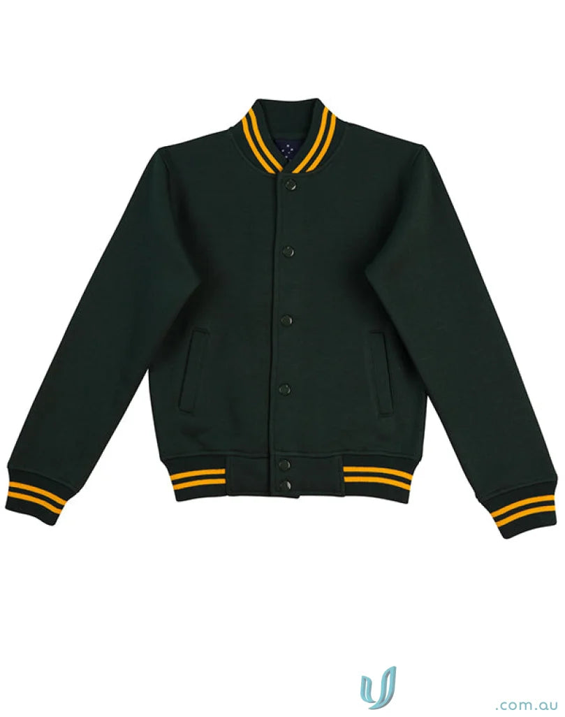 Dark green kids fleece varsity jacket with yellow stripes from Winning Spirit Kids Fleece Varsity Jacket