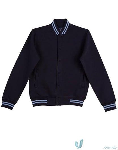 Kids fleece varsity jacket in navy blue with light blue stripes from Winning Spirit Kids Fleece Varsity collection