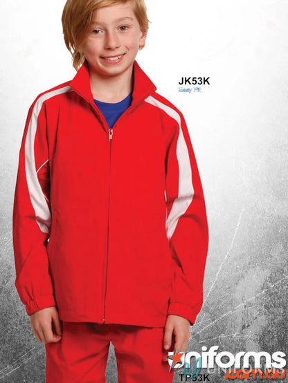 Red and white Kids Legend Warm Up Jacket from Winning Spirit Kids for active play