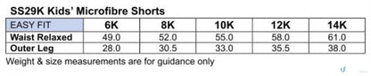 Kids microfibre sport shorts size chart with waist and leg measurements for Winning Spirit Kids