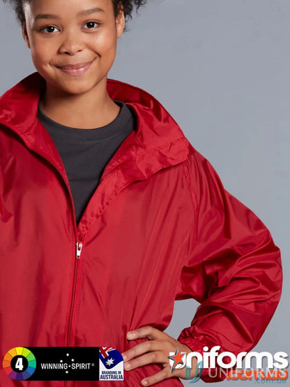 Child modeling Winning Spirit Kids Rain Forest Spray Jacket, a stylish rain forest spray kids rain jacket