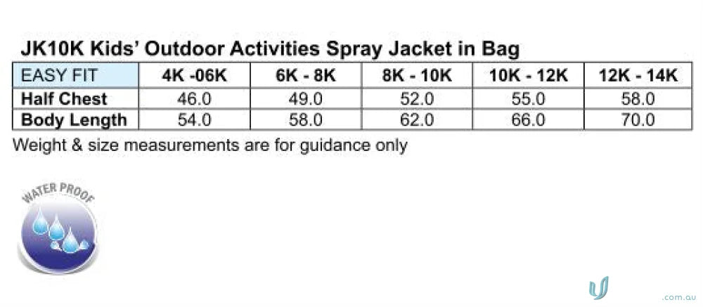 Size chart for Winning Spirit Kids Rain Forest Spray Jacket with kids rain jacket measurements