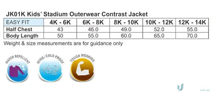 Kids stadium jacket size chart and features for Winning Spirit Kids JK01K jacket