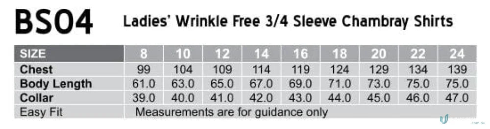 Ladies wrinkle-free shirt size chart for Winning Spirit Ladies 3qtr Chambray Shirt