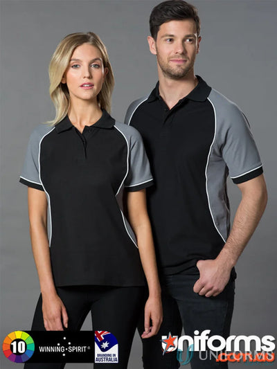 Matching black and gray polo shirts from Winning Spirit Ladies Arena Polo collection in truedry pique fabric