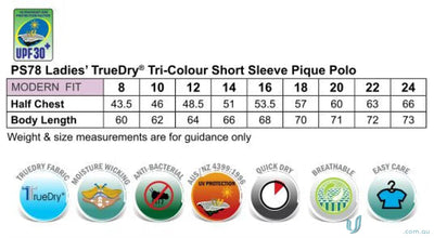 Ladies Arena Polo size chart for Winning Spirit Ladies with Truedry Pique Fabric