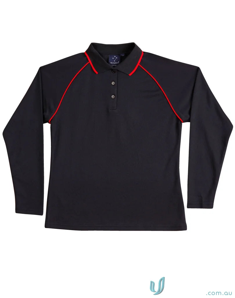Black ladies champion raglan contrast polo with red trim and cooldry® mesh fabric