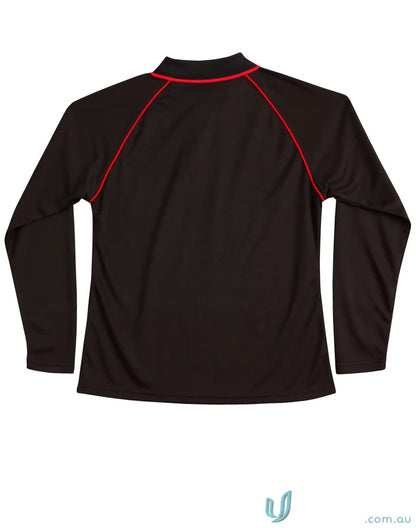 Ladies Champion Raglan contrast polo shirt with black long sleeves and red piping on cooldry® mesh