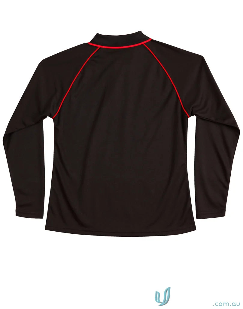 Ladies Champion Raglan contrast polo shirt with black long sleeves and red piping on cooldry® mesh