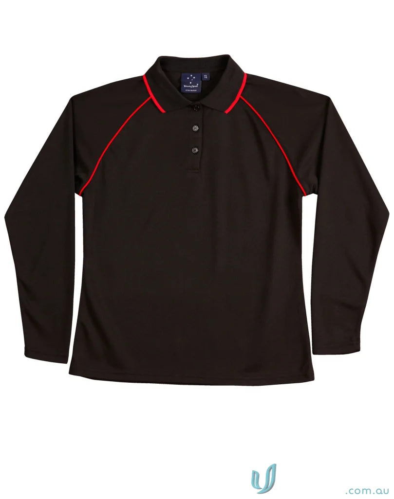 Ladies Champion Raglan contrast polo shirt in black with red piping and cooldry® mesh
