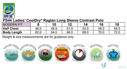Ladies Champion Raglan Contrast Polo with CoolDry® Mesh long sleeve size chart and features