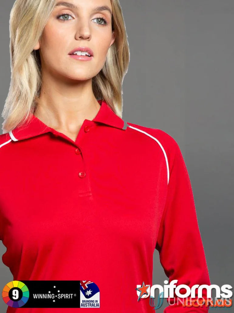 Ladies champion raglan contrast polo shirt with cooldry® mesh in red with white and gray trim