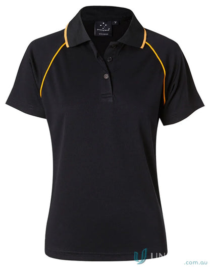 Winning Spirit Ladies Champion Raglan Polo featuring black fabric with orange piping
