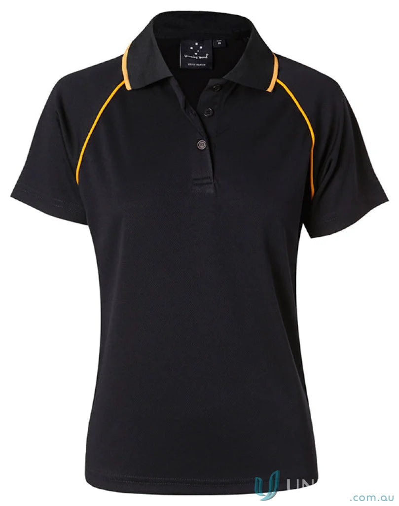 Winning Spirit Ladies Champion Raglan Polo featuring black fabric with orange piping