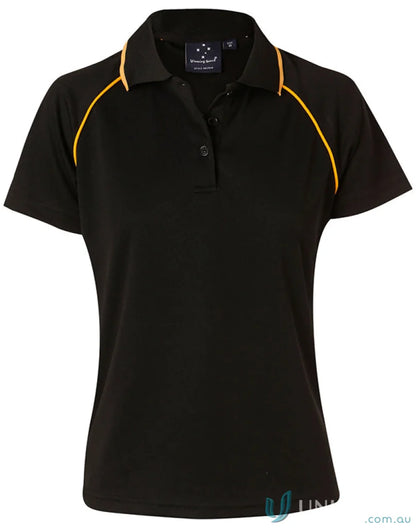 Black Winning Spirit Ladies Champion Raglan Polo with orange piping on seams