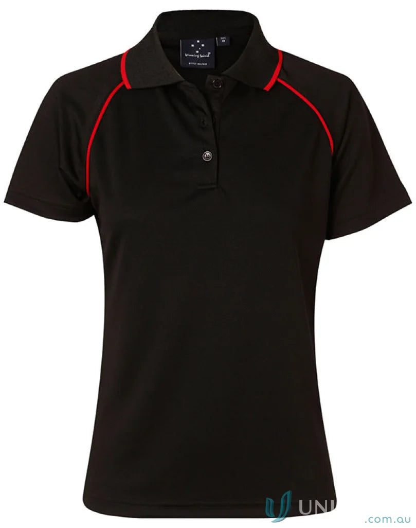 Black Winning Spirit Ladies Champion Raglan Polo with red piping on shoulders