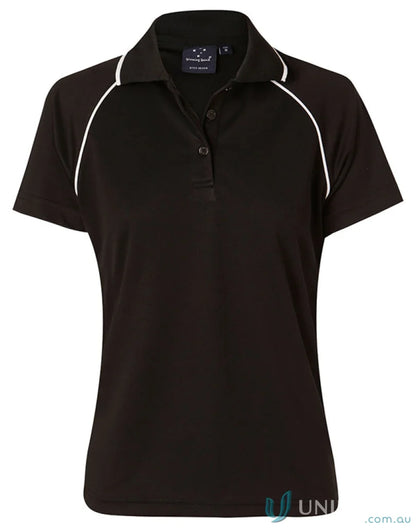 Winning Spirit Ladies Champion Raglan Polo in black with white piping on sleeves and collar