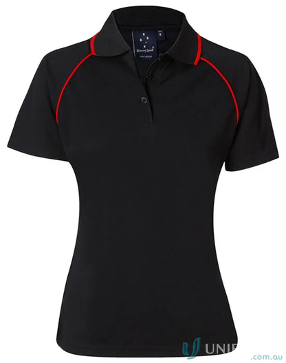 Black women’s short-sleeved polo shirt with red trim from Winning Spirit Ladies Champion Lady Raglan Polo