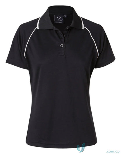 Winning Spirit Ladies Champion Raglan Polo shirt with white piping on black short sleeves