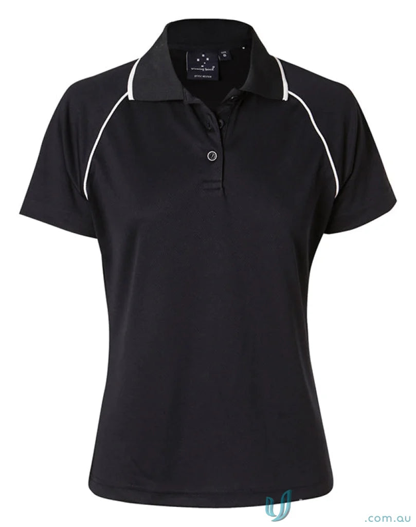 Winning Spirit Ladies Champion Raglan Polo shirt with white piping on black short sleeves