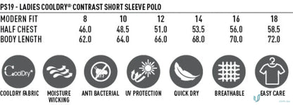 Winning Spirit Ladies Champion Raglan Polo with size chart and performance features