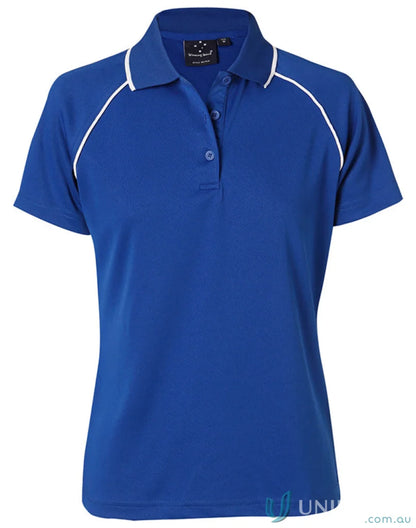 Vibrant blue Winning Spirit Ladies Champion Raglan Polo with white piping for women