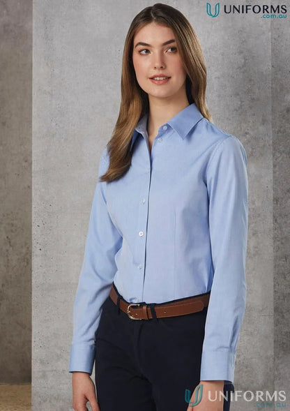 Winning Spirit Ladies CVC Oxford L/S Shirt in light blue with dark trousers and brown belt