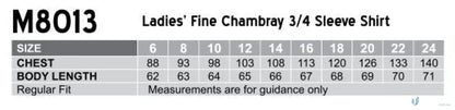Ladies fine chambray 3qtr shirt size chart for Spirit Ladies Fine collection