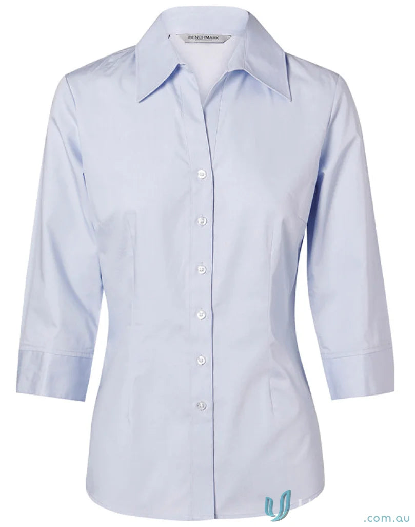 Light blue Winning Spirit Ladies Fine Twill 3Qtr Shirt shown in product image