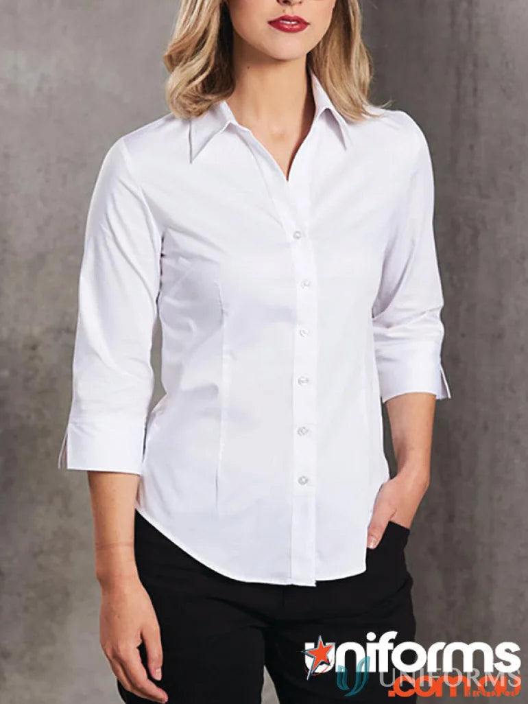 White Three-Quarter Sleeve Winning Spirit Ladies Fine Twill Shirt for women
