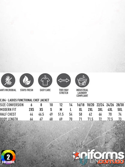 Winning Spirit Ladies functional chef jacket size chart for ladies functional chef clothing