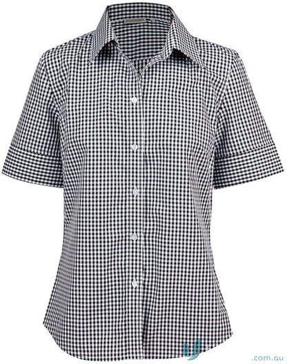 Winning Spirit Ladies Gingham Roll Up S/S Shirt with black and white gingham check