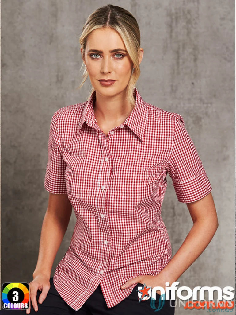Winning Spirit Ladies Gingham Roll Up S S Shirt with red and white checkered gingham check