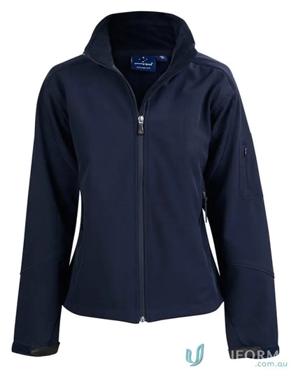 Winning Spirit Ladies HiTech Softshell Jacket in dark blue with zip pockets and stand-up collar