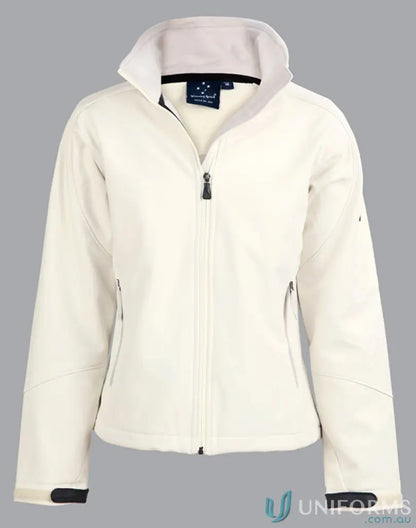 Cream-colored Winning Spirit Ladies HiTech Softshell Jacket with zippers and adjustable cuffs