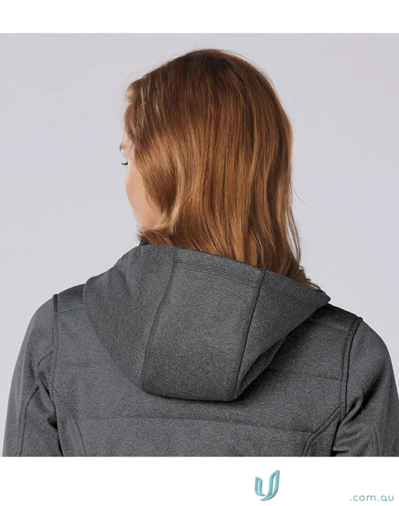 Gray hooded Jasper Heather bonded cationic quilted jacket for ladies in the Winning Spirit line