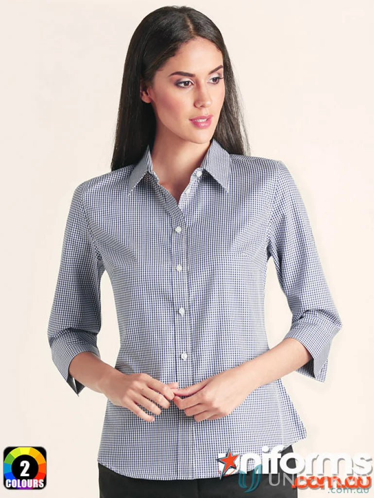 Blue and white checkered ladies multi-tone check 3/4 sleeve shirt by Winning Spirit Ladies