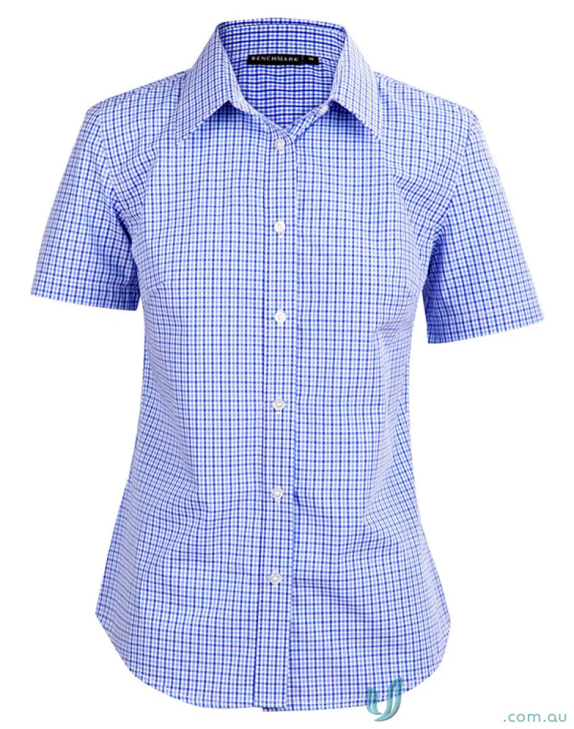 Winning Spirit Ladies blue and white check short sleeve shirt, multi-tone check short style