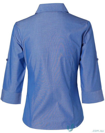 Blue button-down shirt made with nano silk protein for Winning Spirit Ladies Nano Tech 3Qtr Shirt