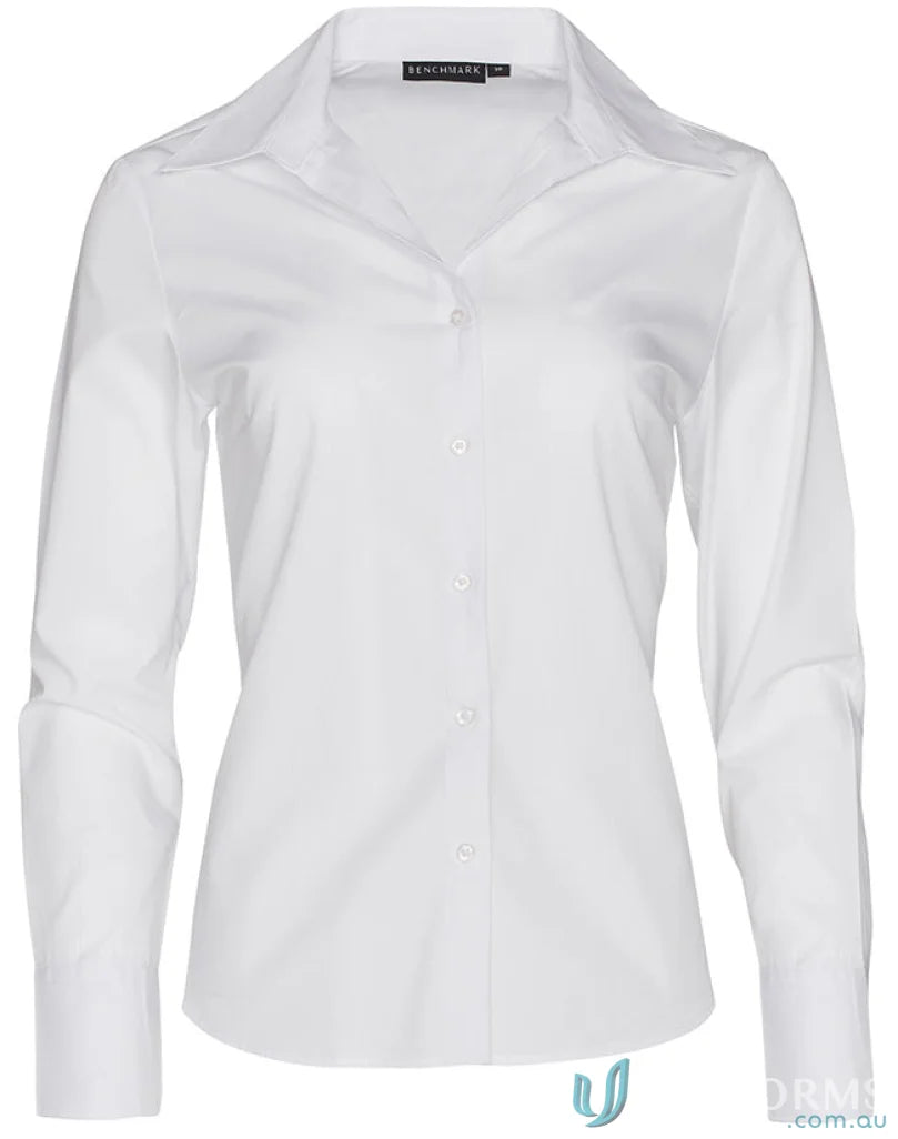 White long-sleeved button-down shirt from Winning Spirit Ladies Nano Tech collection