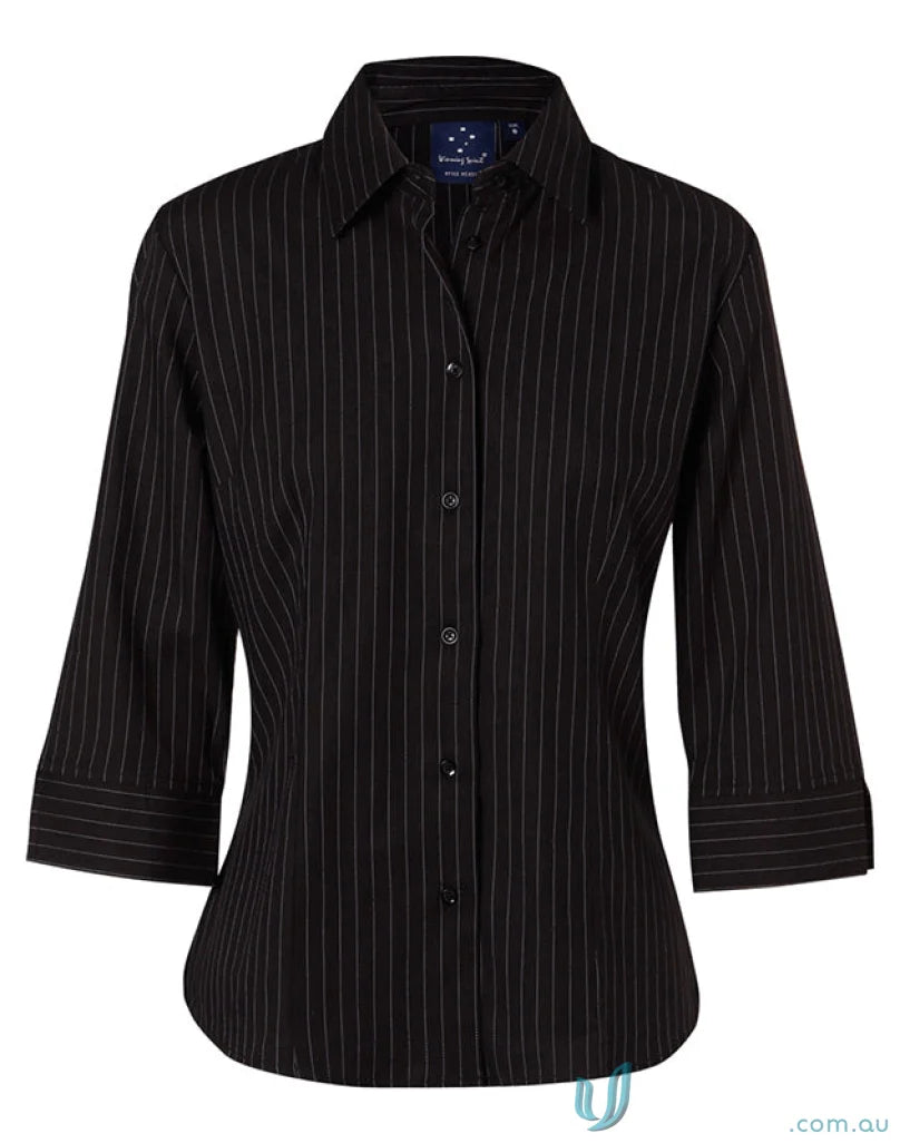Black bs18 pin stripe ladies workwear shirt with three-quarter sleeves for a professional appearance