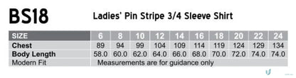 Ladies pin stripe shirt size chart for Winning Spirit bs18 pin stripe ladies workwear