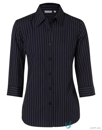 Black and white striped Winning Spirit Ladies Pinstripe 3Qtr Shirt for stylish ladies