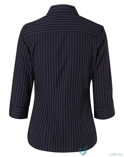 Winning Spirit Ladies navy pinstripe three-quarter sleeve shirt for stylish looks