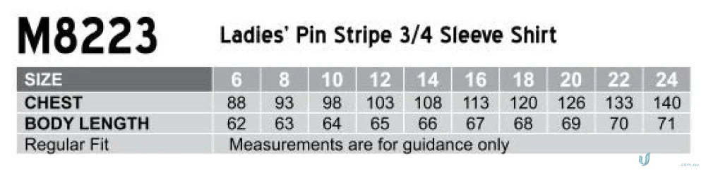Winning Spirit Ladies pinstripe shirt size chart for ladies pinstripe 3qtr fit