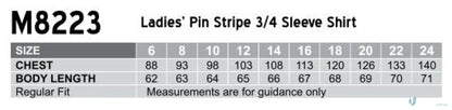 Winning Spirit Ladies pinstripe shirt size chart for ladies pinstripe 3qtr fit