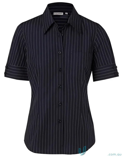 Winning Spirit Ladies PinStripe SS Shirt with navy pinstripe short sleeve blouse