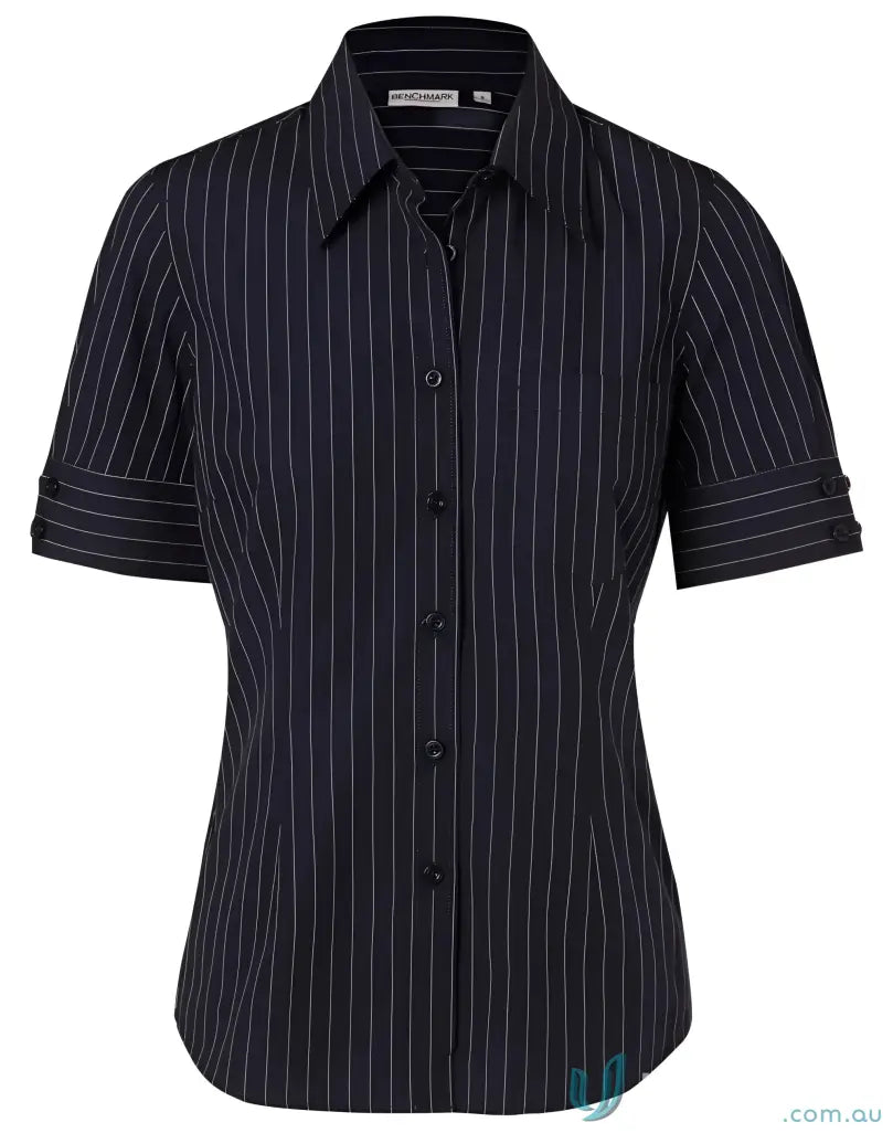 Winning Spirit Ladies PinStripe SS Shirt with navy pinstripe short sleeve blouse