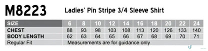 Ladies pinstripe SS shirt size chart for Winning Spirit Ladies pinstripe short sleeve shirt